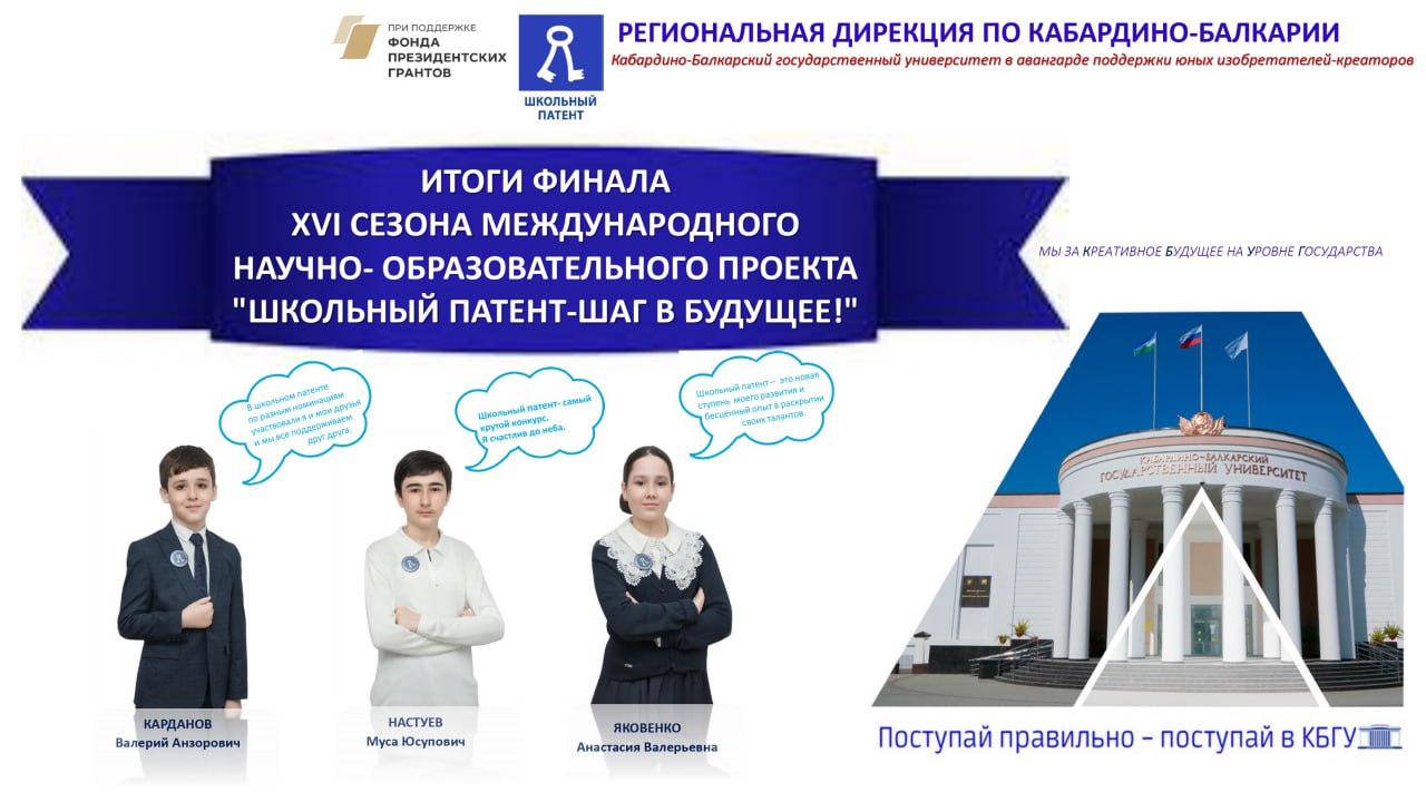 Школьники Кабардино-Балкарии стали победителями и призёрами федерального этапа ХVI сезона Международного научно-образовательного проекта «Школьный патент – шаг в будущее!»